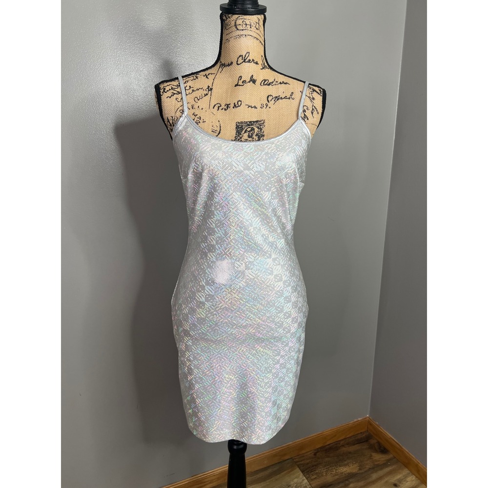 Vintage Maurices LA GLO Silver Holographic Bodycon Mini Dress 7/8 Metallic 90s